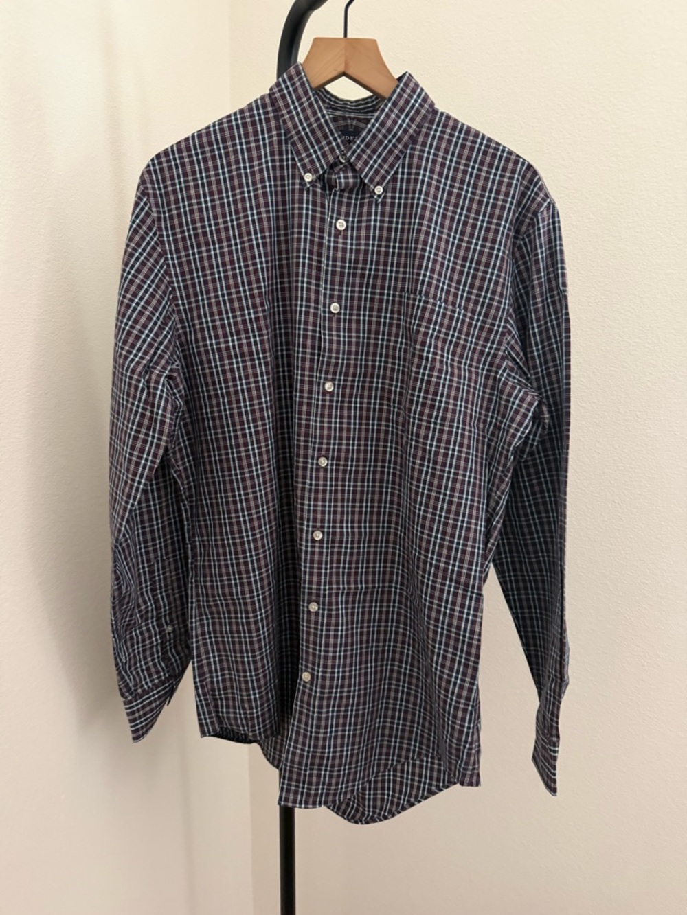 Lands' End Men's tall Plaid Button-Down Shirt with Blue Windowpane Oxford 16 - Picture 2 of 5